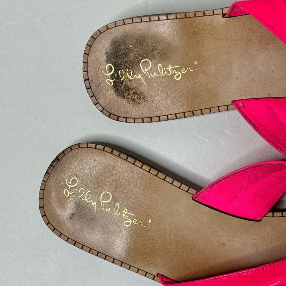 Lilly Pulitzer Neon Pink Leather Thong Sandals Size 10M - Picture 2 of 5